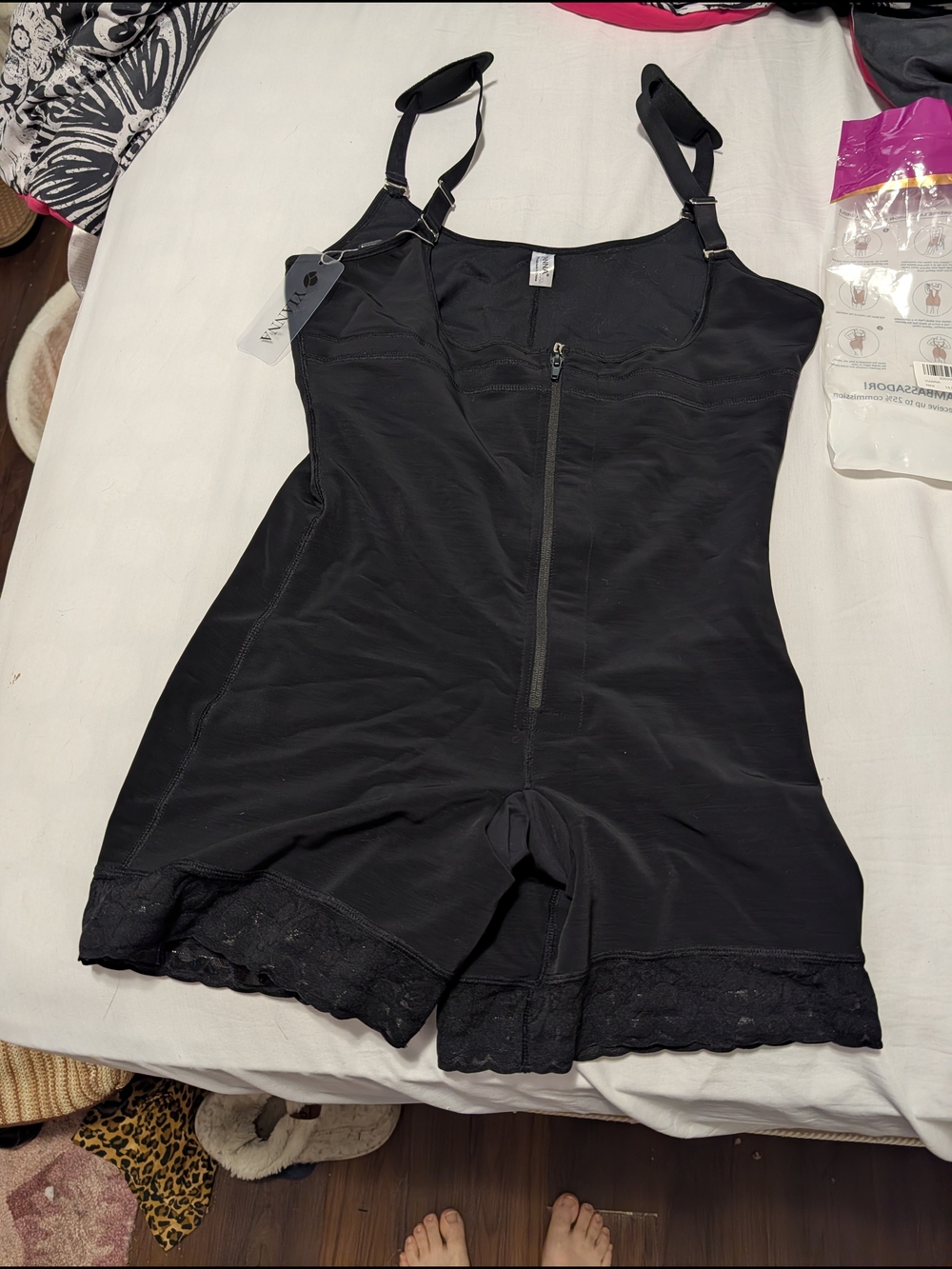 Black Lace-Trim Shaping Bodysuit with Front Zip - Women's Shapewear